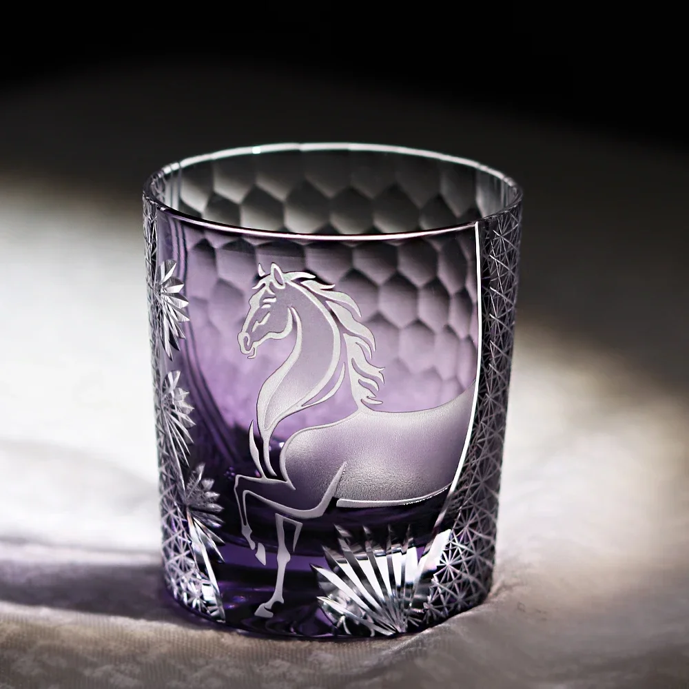 Edo Kiriko Japanese Crystal Whisky Glass - Hand Cut Horse Pattern for New Year 2026, Traditional Old Fashioned Tumbler