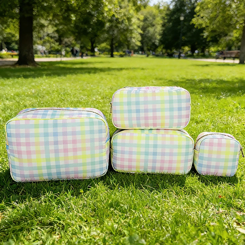 Rainbow Checkered Foldable Nylon Cosmetic Bag Waterproof Ladies Makeup Storage Bag Mommy Diaper Storage Bag 4 Sizes DIY