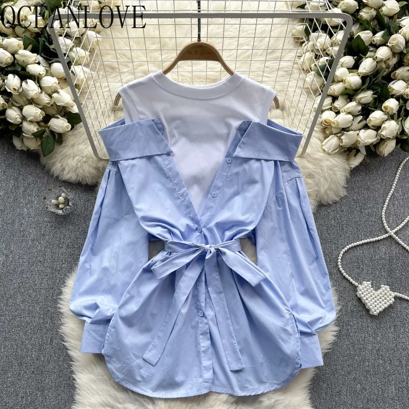 OCEANLOVE Fake 2 Pieces Women Shirts&blouses Spring Autumn Sweet Patchwork Blusas Mujer Korean Fashion Bows Elegant Camisas