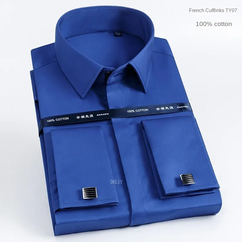 100% algodão masculino francês coberto botão camisa masculina não-passar abotoaduras camisa de manga longa gola alta camisa de vestido de negócios