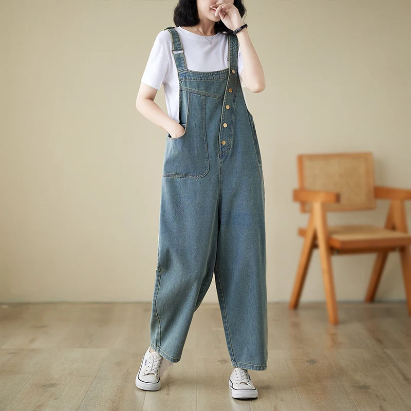 Jumpsuit Denim tidak teratur untuk wanita, jumpsuit Jeans tanpa lengan dengan kancing longgar klasik musim semi dan panas 1439