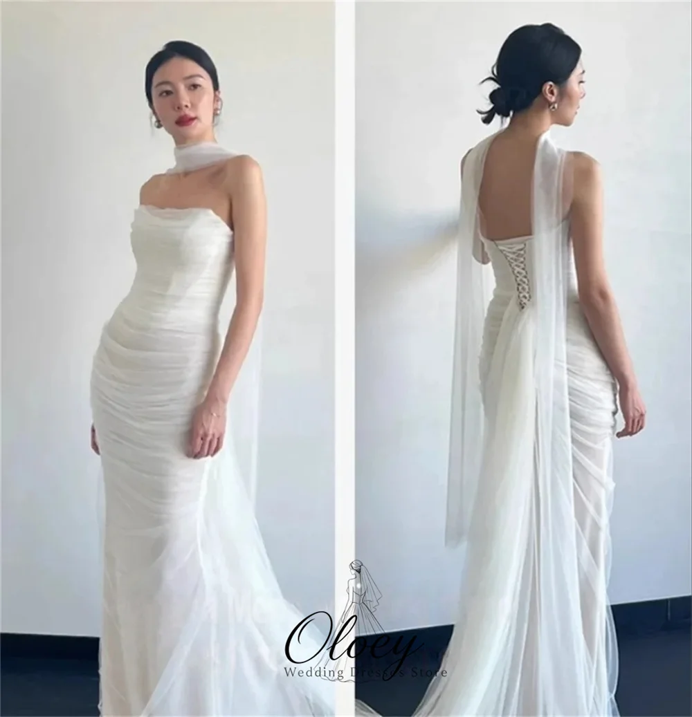 OLOEY Elegant Tulle Strapless Korea Wedding Dress Photo Shoot Mermaid With Long Sash Bridal Gown Customized Garden Wedding Dress