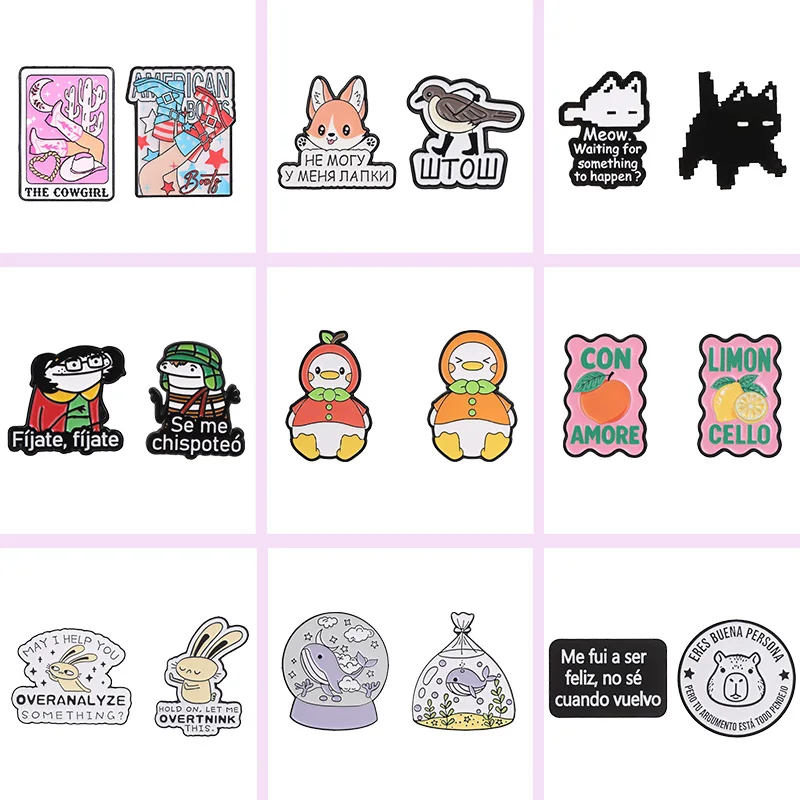 2pcs/set Cartoon Enamel Pin Collection Cute Cat Flork BirdCapybara Duck Phrase Brooches Lapel Badge Jewelry For Friends
