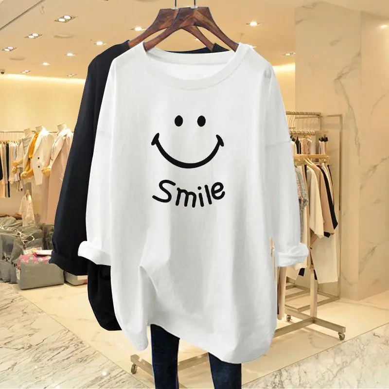 Women Clothing European Style Oversized Pure Cotton T-shirts Autumn Casual Loose Chic Printing Top Tee Lady All-match Pullovers