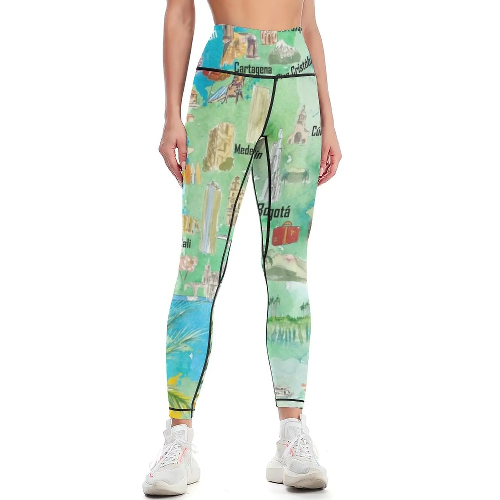 

Colombia Illustrated Travel Map With Tourist Attractions And Highlights Leggings sport pants for girls Golf wear Womens Leggings