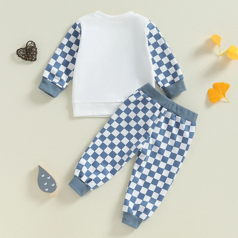 Kids Boys Fall Winter 2 Piece Outfit Long Sleeve Letter Checkerboard Print Tops Drawstring Pants Clothes