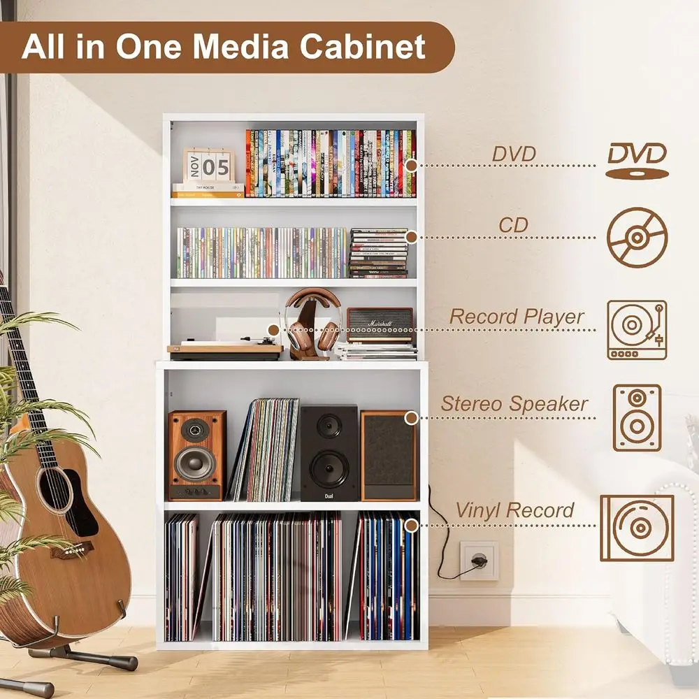 VASAAOSD DVD Storage Vinyl Record Storage Rack, 5-Tier CD Rack Tower with Record Player Stand, Vinyl Record Stand & DVD Shel or