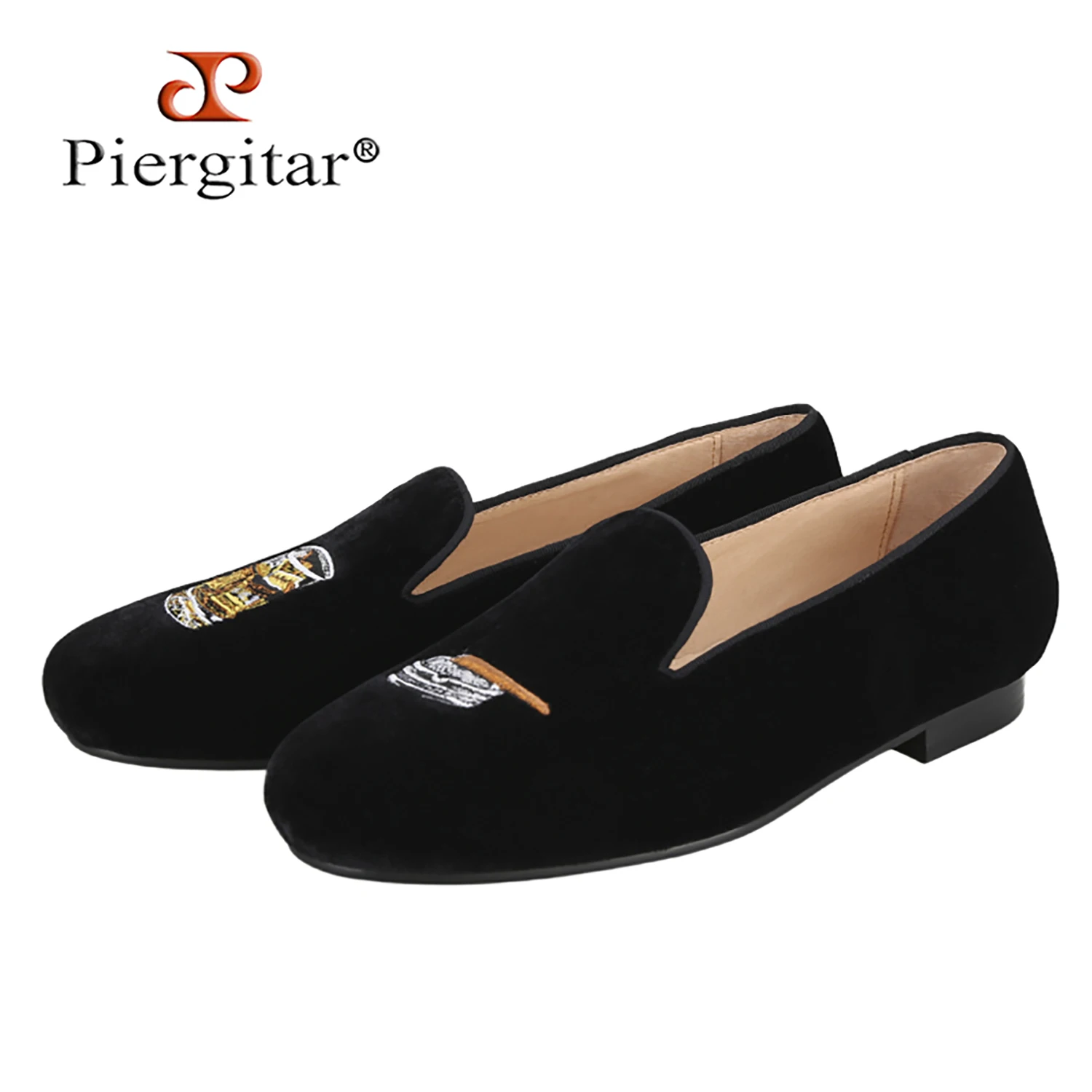 Piergitar Handmade Men Loafers With Cigarette And Ashtray Embroidery For Fashion Party Black Velvet Slip-On Smoking Slippers