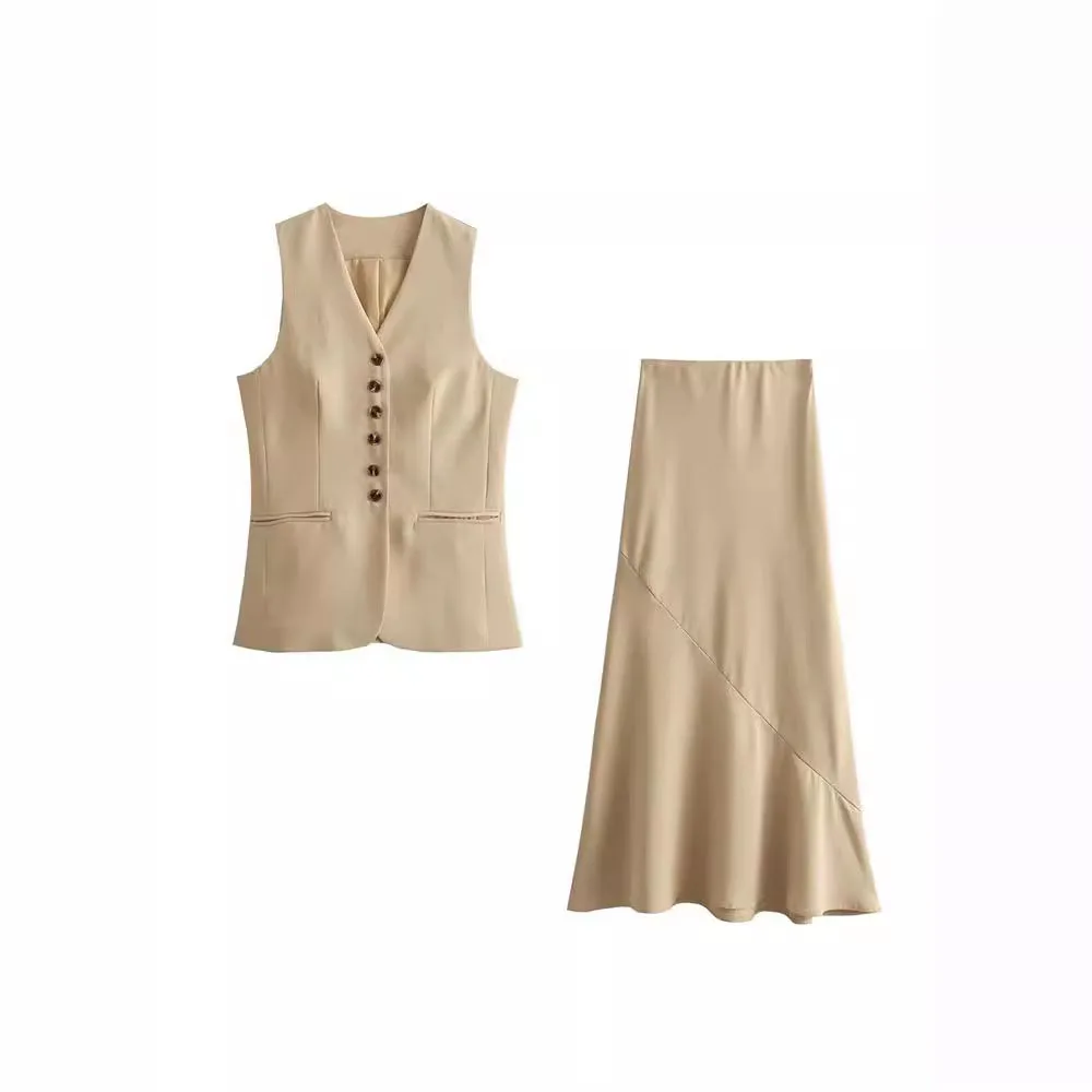 Women Vest Skirt Sets Female Khaki Long Blazer Vest V Neck Sleeveless Slim Top+Elegant High Waist A Line Skirt Suit TRAF