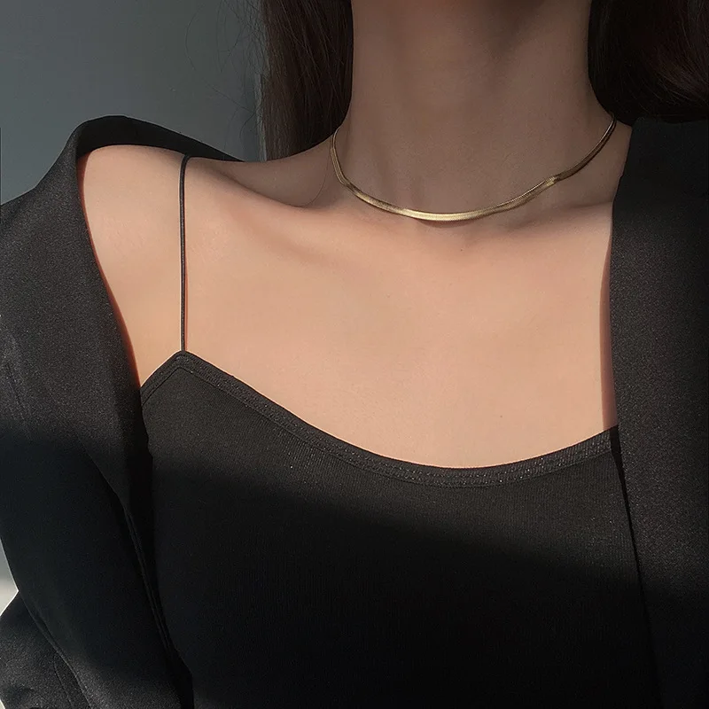 Korean Fashion Stainless Steel Gold Plated Chain Herringbone Necklace Golden Choker Necklaces for Women Girl Gifts Party Jewelry