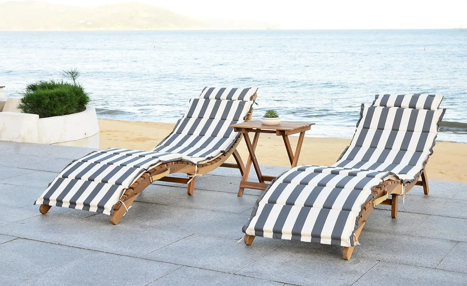 

Outdoor Collection Pacifica Natural Brown Solid Wood/Grey & White Stripe Cushion 3-Piece Chaise Lounge Set with Table