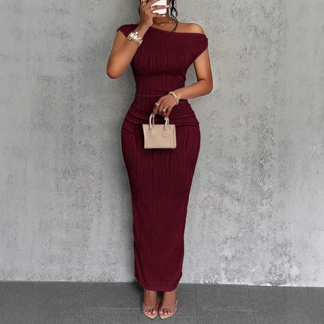 

2025 Cute Fashion Water Ripple Slanted Shoulder Dress Spot New Cross-border