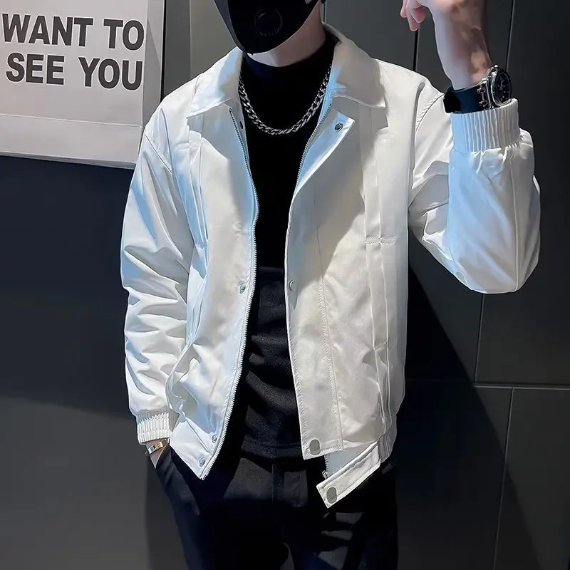 Jaquetas masculinas com zíper, casacos com gola virada para baixo, jaquetas bomber masculinas soltas, casuais, monocromáticas, primavera, outono