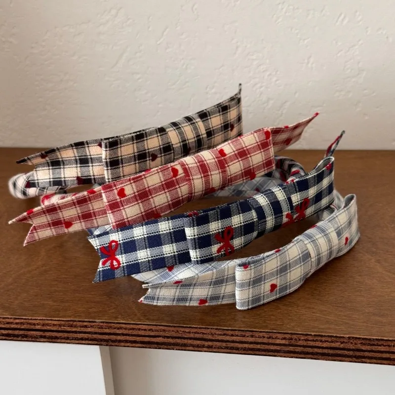 Korean retro love plaid bow headband headband high cranial top temperament versatile hairpin headgear new model