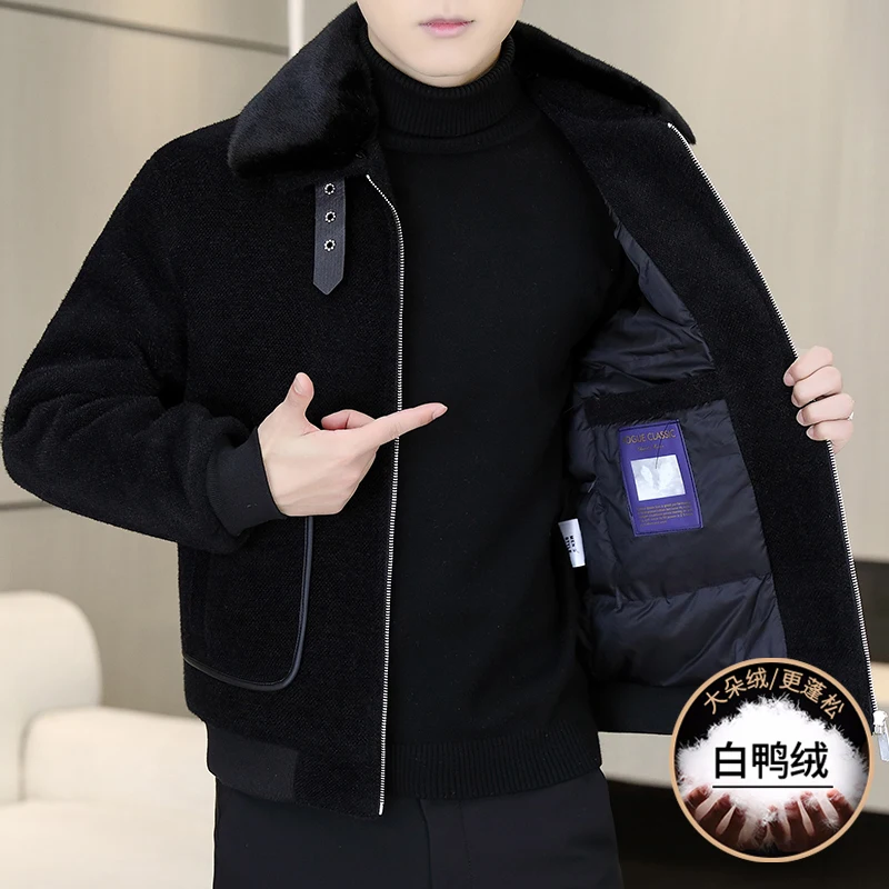 

High-Quality Men's Short Woolen Puffer Coats 2025 Winter Detachable Fur Collar Warm White Duck Down Jacket Casual Thicken Parkas