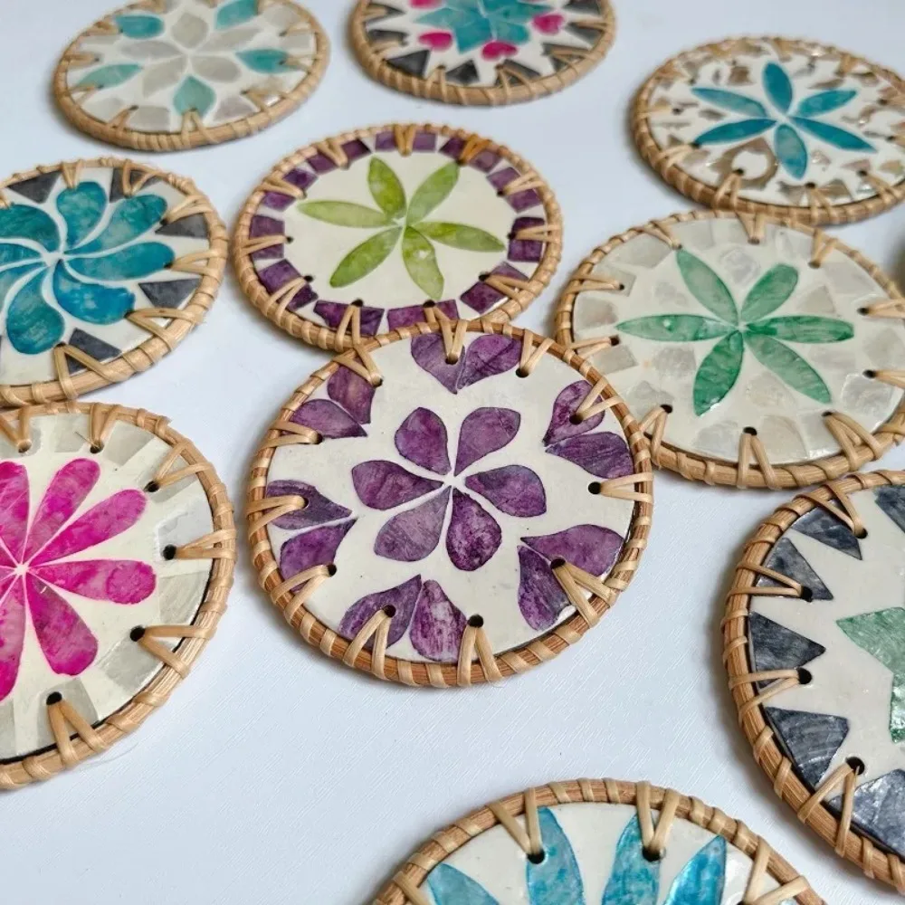 10cm Rattan Coaster Colorful Handmade Shell Cup Mat Heat Resistant Round Dining Table Protector Pad For Coffee Tea Hot Drink