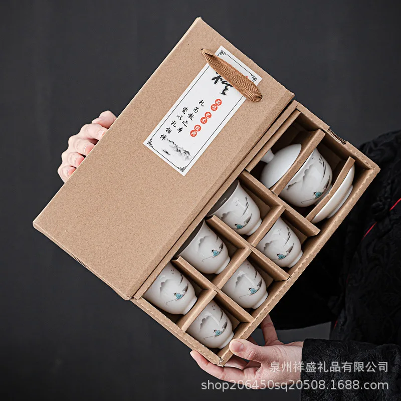 

Chinese Travel Kung Fu Tea Sets Ceramic Portable Porcelain Service Celadon Carp Cups Ceremony pot Gift Box