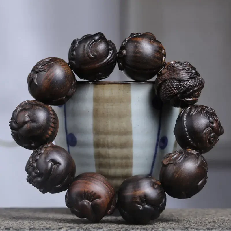 25mm Vietnam Agarwood Beads Dragon Nine Yellow Kyara Carved Bracelet Men and Women Amusement Article Bracelet Hand Pieces