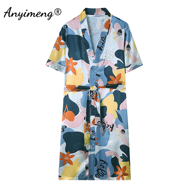 Floral Faux Silk Pijama Summer Nightwear Elegant Womem Silk Robes M-4XL Big Size Satin Robe Causal Short Sleeves Kimono Bathrobe