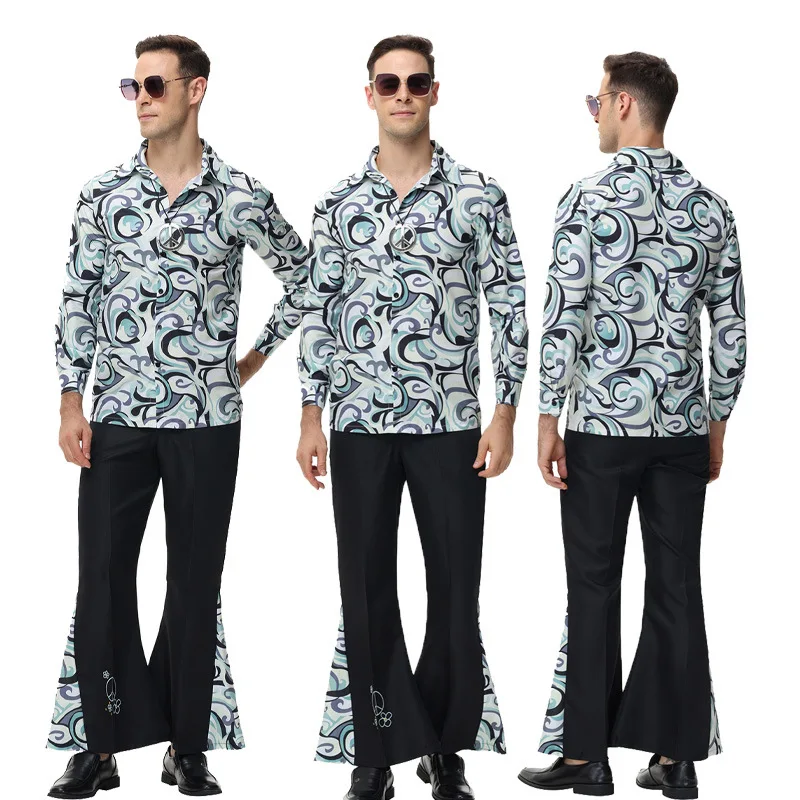 성인 할로윈 디스코 커플 의상 70년대 레트로 플레어 팬츠 여성 히피 의상 무대 공연 전통 중국 의상