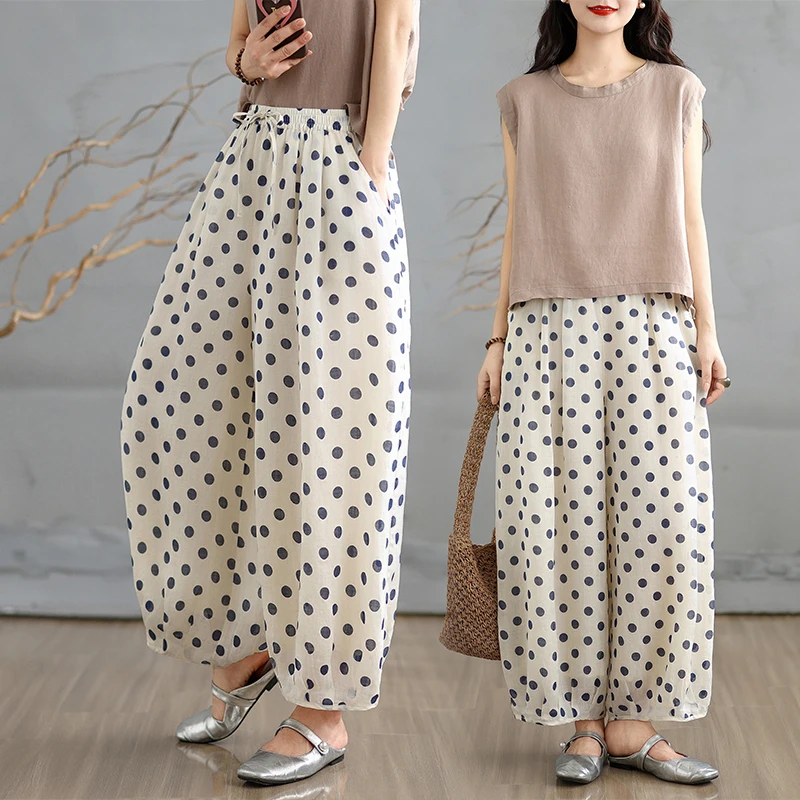 

Льняные шаровые брюки в горошек в стиле ретро, женские летние легкие новые свободные широкие брюки из хлопка и льна, повседневные брюки-фонарики с девятью точками