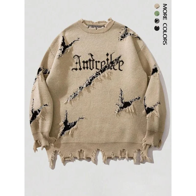 Suéter rasgado bordado com letras masculinas, pulôver solto casual de manga comprida redondo para outono e inverno, malhas masculinas da moda para D