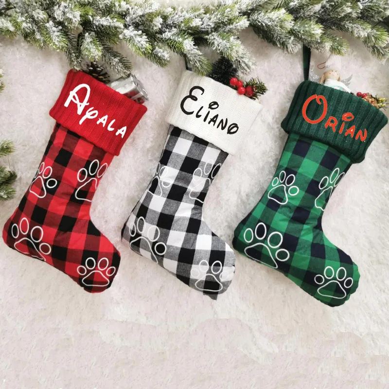 

18 inch Christmas Decoration Gift Bag, Pet Christmas Socks Gift Bag, Personalized Printed Name, Checkered Christmas Stockings