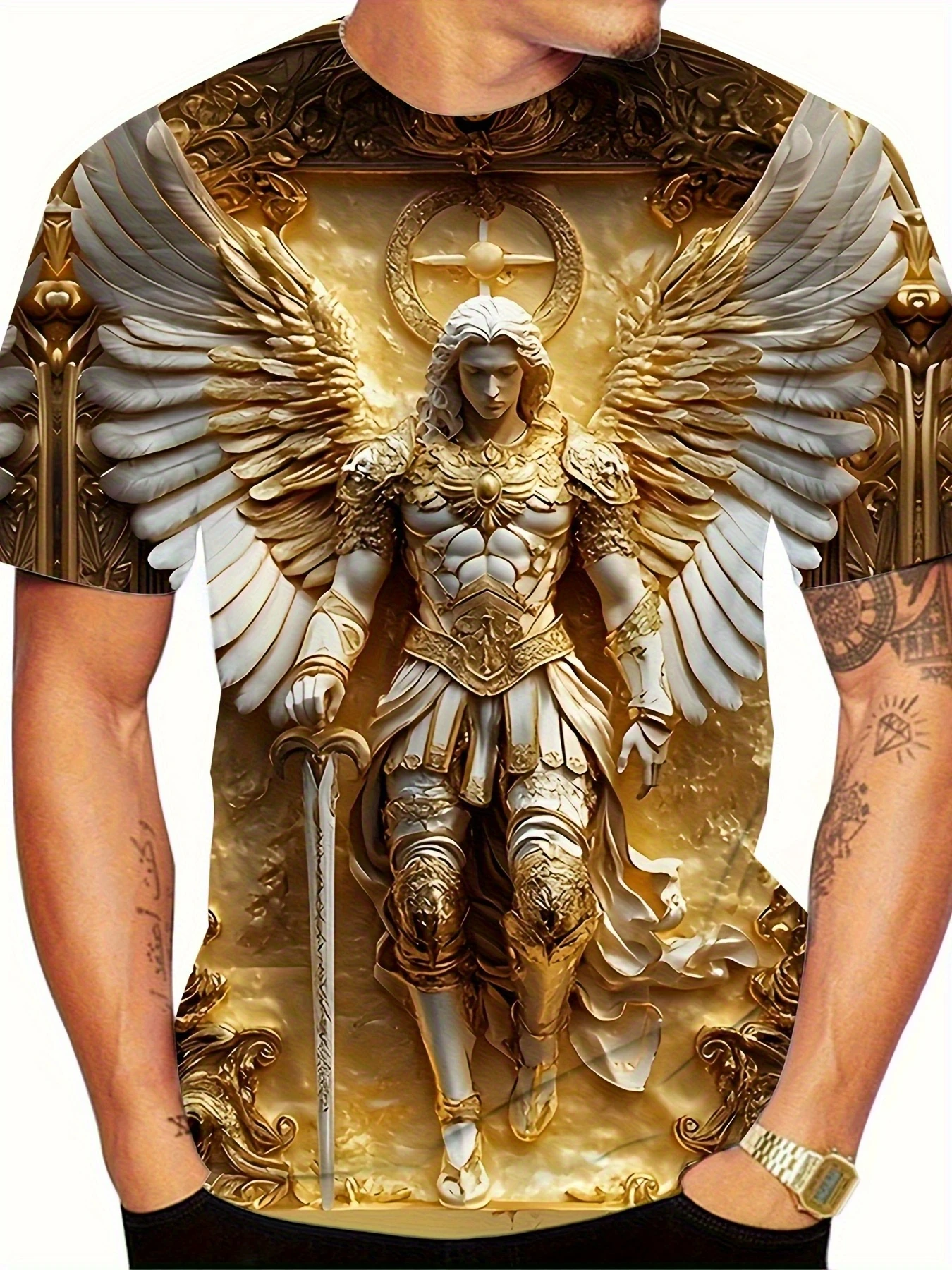 

Mens 3d Angel Warrior Graphic T Shirt Golden Sword Design 3D Printed Tshirt For Men Clothes Wing Ornate Border Unisex Tee Tops