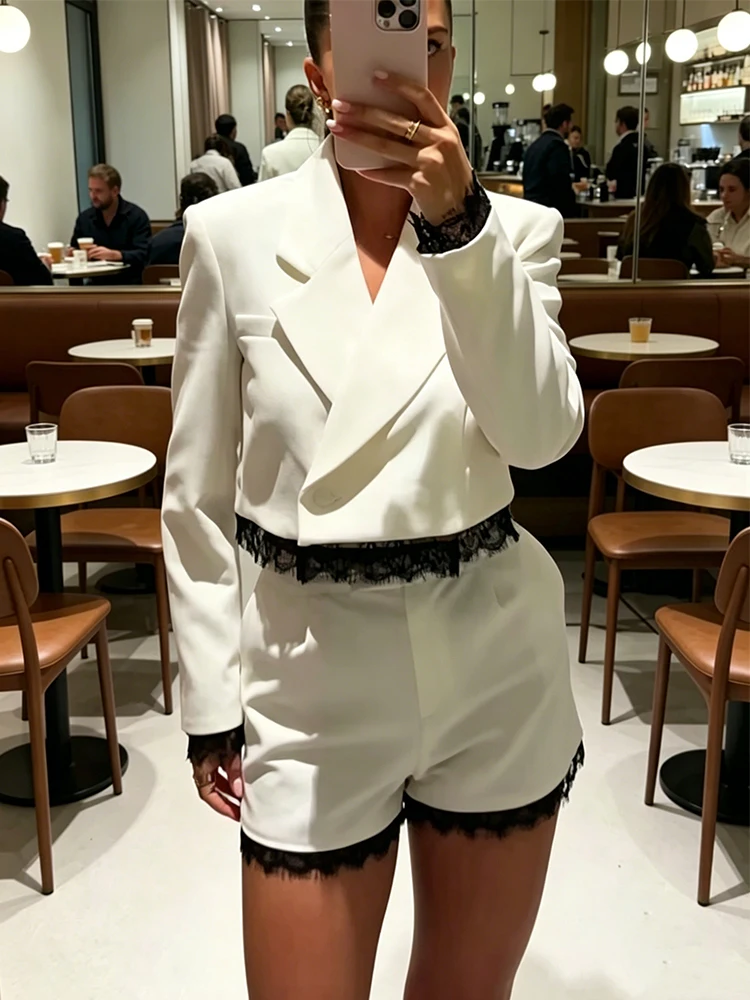 Damen Spitzen-Patchwork Blazer-Shorts-Anzug Eleganter Einfarbiger Langarm-Einknopf-Crop-Mantel Schicke Shorts Lässiger Damenanzug