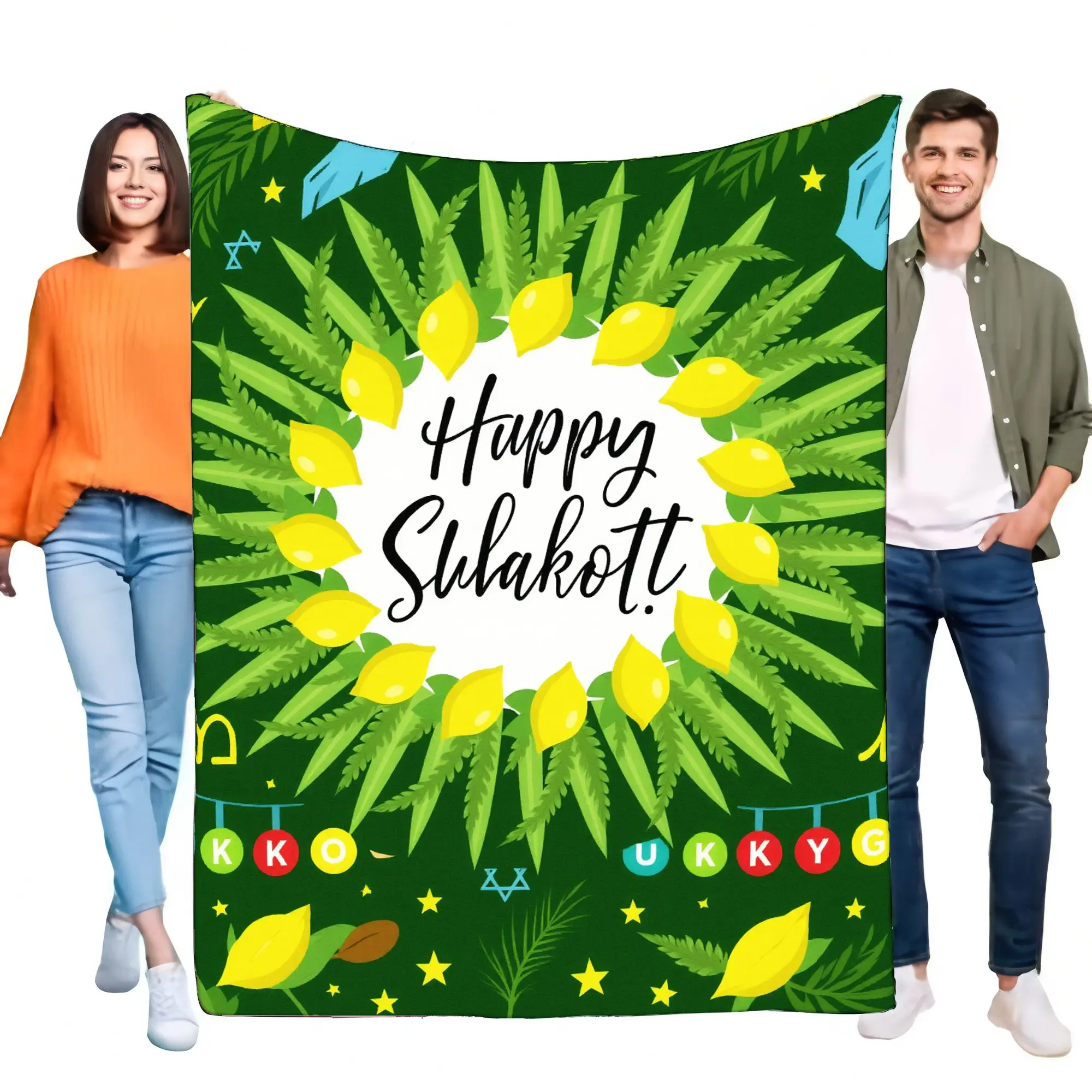 Manta Happy Sukkot, diseño festivo verde con fuente juguetona con limones Etrog y hojas de Lulav, acogedora y suave para judío H