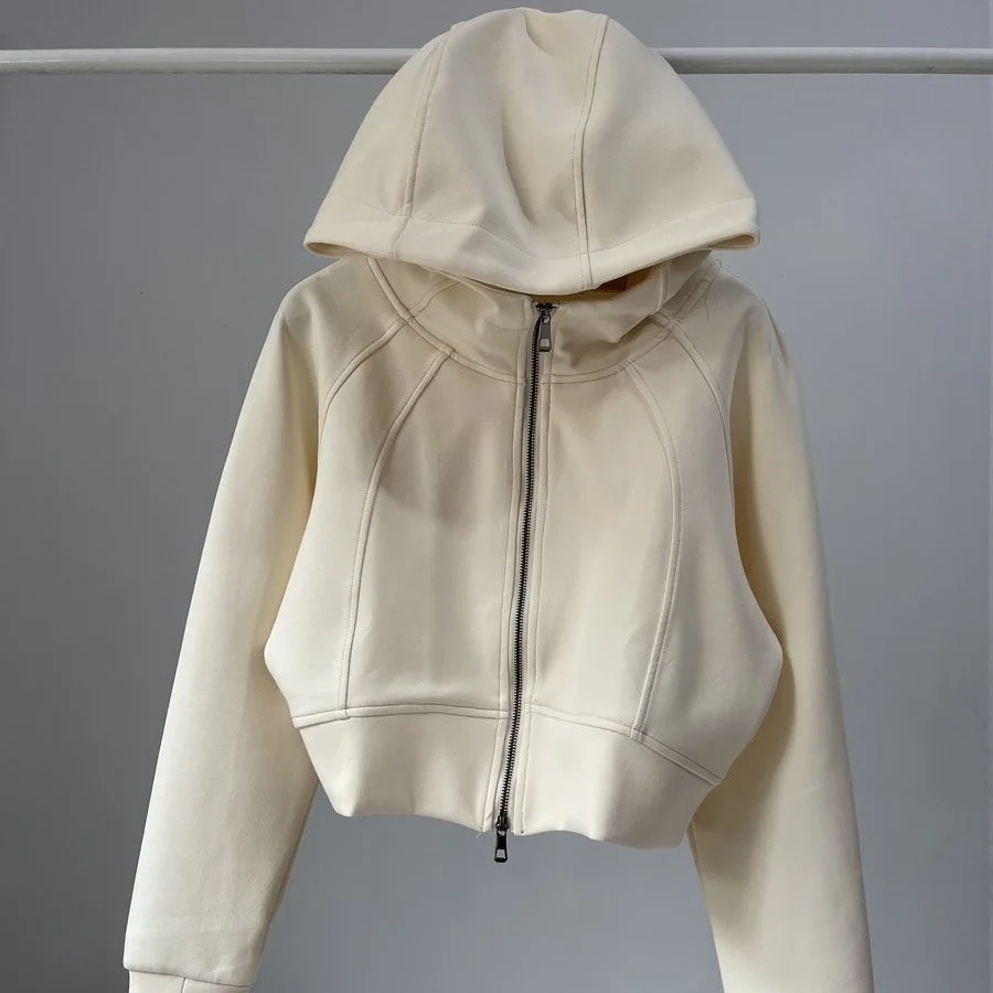 

Women's Hoodies 2025 Autumn Hooded Cardigan Y2K Air Layer Fabric Solid Color Loose Crop Sporty Sweatshirt