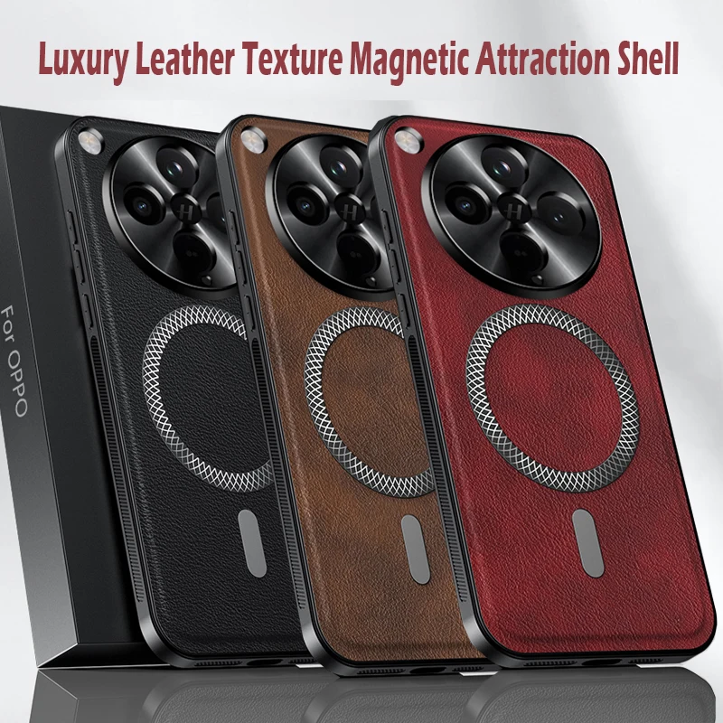 Capa de telefone luxuosa de couro pu para oppo find x8 ultra x8 pro x8s x8s + magsafe anel de metal magnético proteção de lente capa à prova de choque