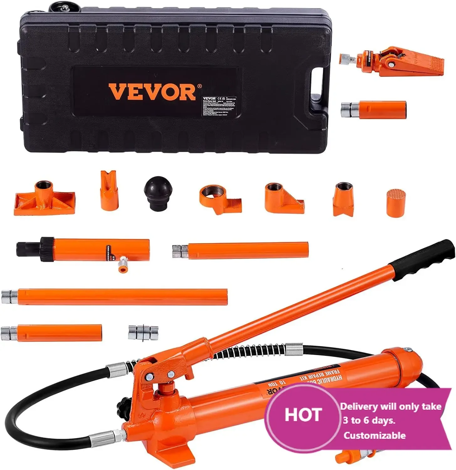 10 Ton Porta Power Kit, Hydraulic Ram with Pump, Car Jack 4.6 ft/1.4 m Oil Hose, Bent Frame Repair Tool