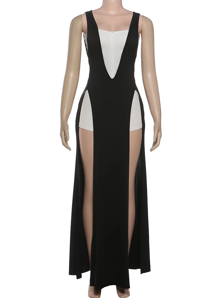 غريب سنور مثير المرقعة رومبير المرأة شريط طويل سبليت أكمام شيك غير النظامية تمتد نحيل منتصف الليل كلوبوير Playsuit