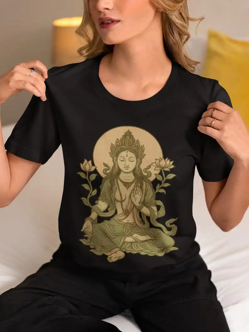 T-shirt Green Tara, déesse tibétaine de la compassion, t-shirt bouddhiste féminin divin, t-shirt pour les guérisseuses et les femmes spirituelles, t-shirt de méditation