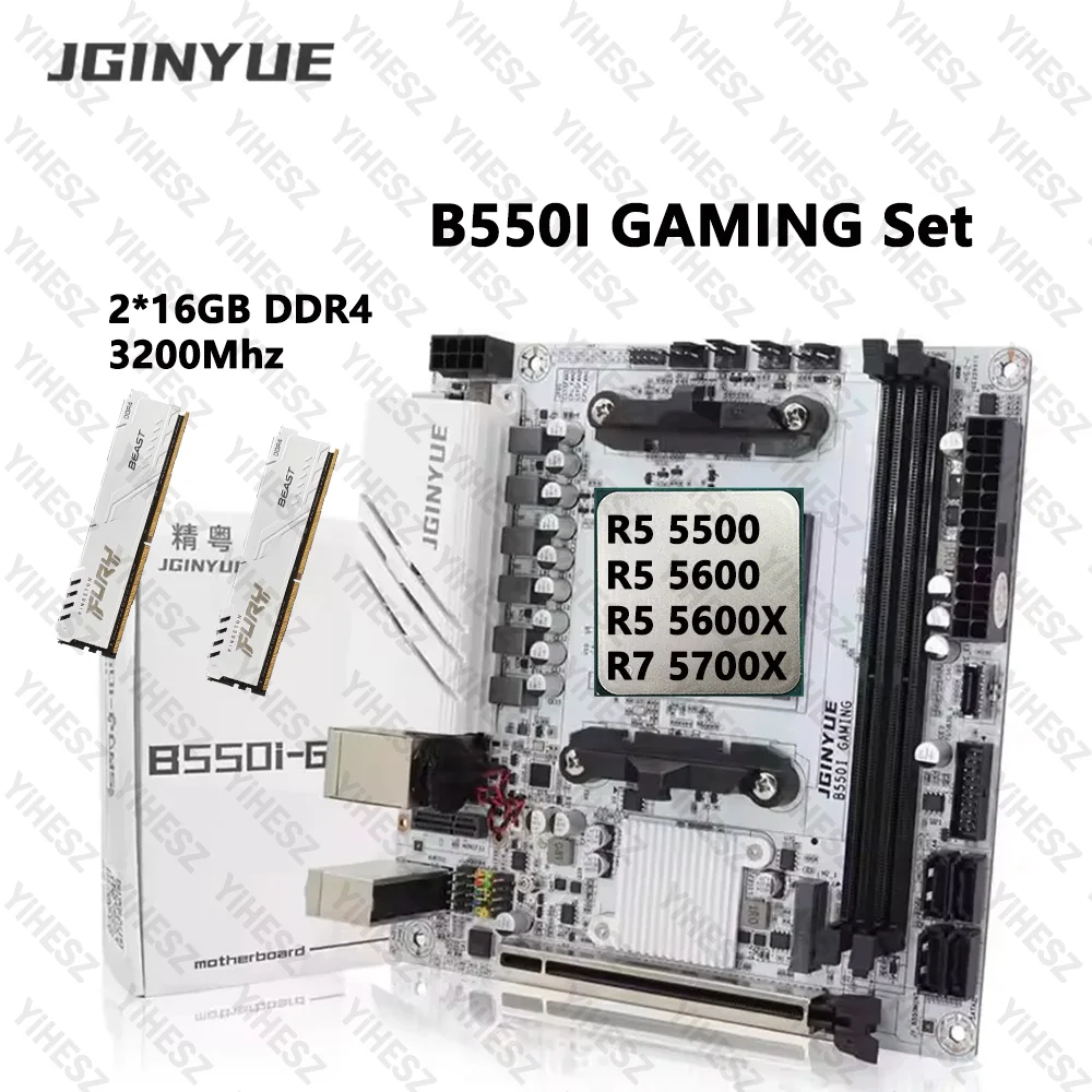 

JGINYUE Mini ITX B550i GAMING Набор материнских плат Процессоры серии Ryzen R5 4000/5000 2*16 ГБ = 32 ГБ 3200 МГц DDR4 RAM PCI-E 4,0 B550