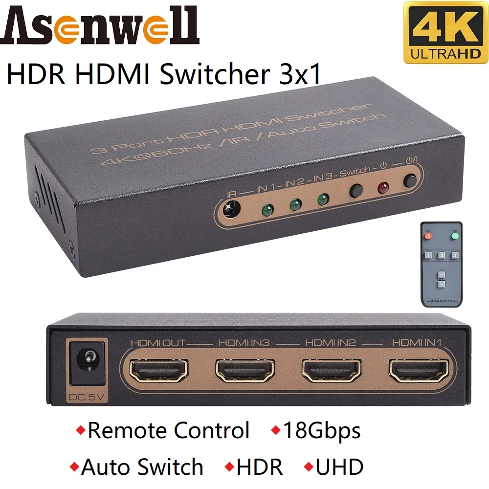 

HDMI-compatible Switch Hub 3 In 1 Out 4K@60Hz UHD HDR 3 Port 4K Remote IR Control 18Gbps 1080P 3D HDCP2.2 HDMI Splitter Selector