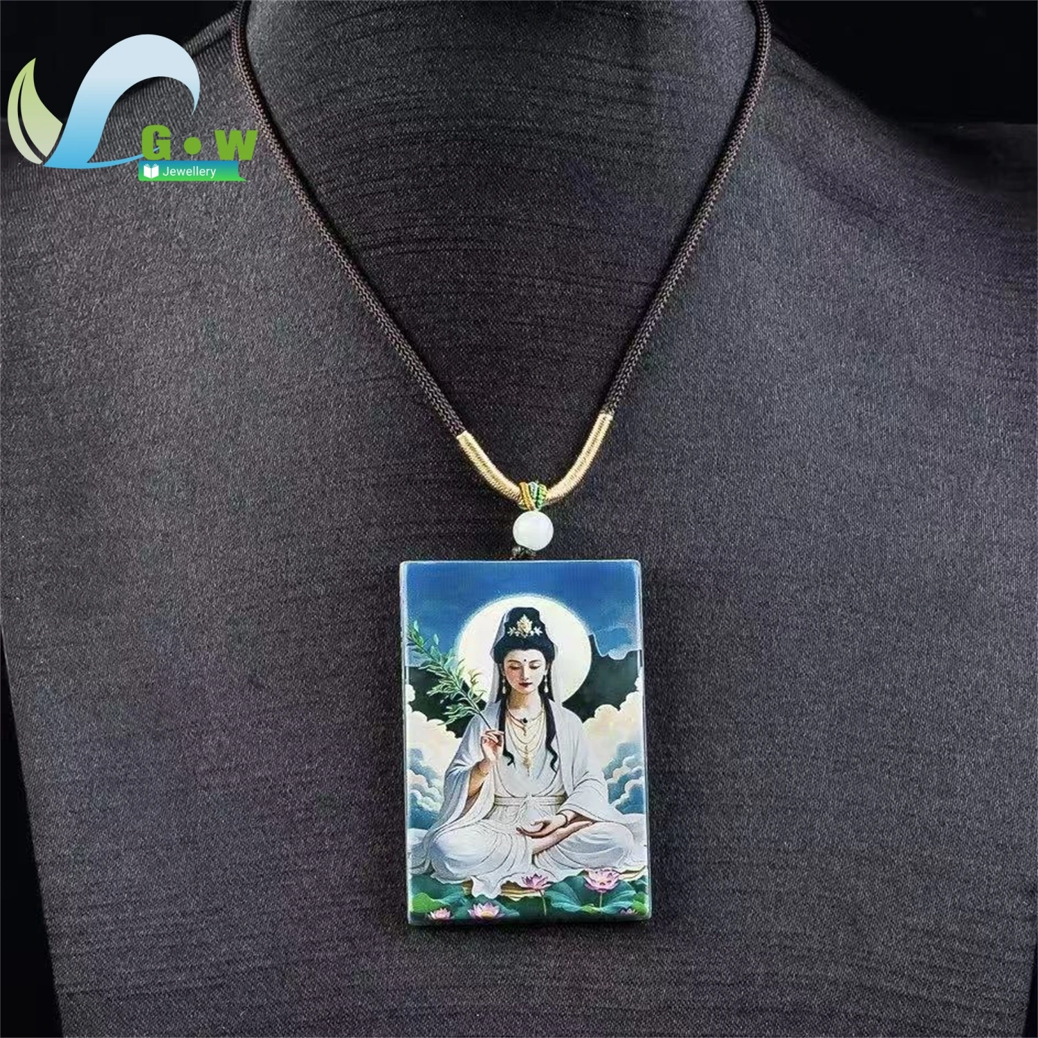 Natural A Grade Jadeite Blue Water High Ice Old Stock Guanyin Pendant Hanging Ornament Unisex Ethnic Style Jewelry Gift