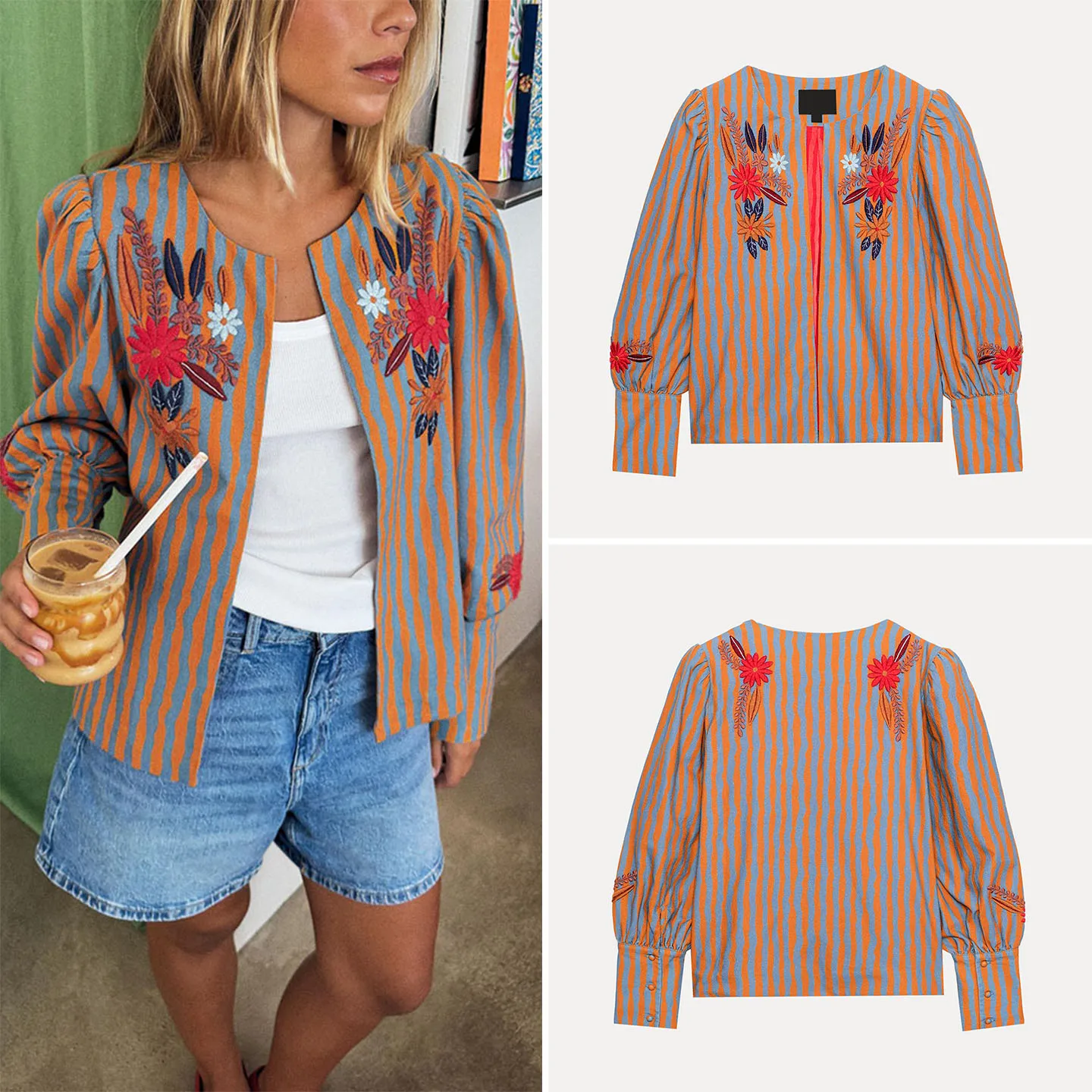 Summer Commute Style Women's Jacket round Neck Long Sleeve Embroidered Floral Striped Outerwear Straight Cut Button Detail