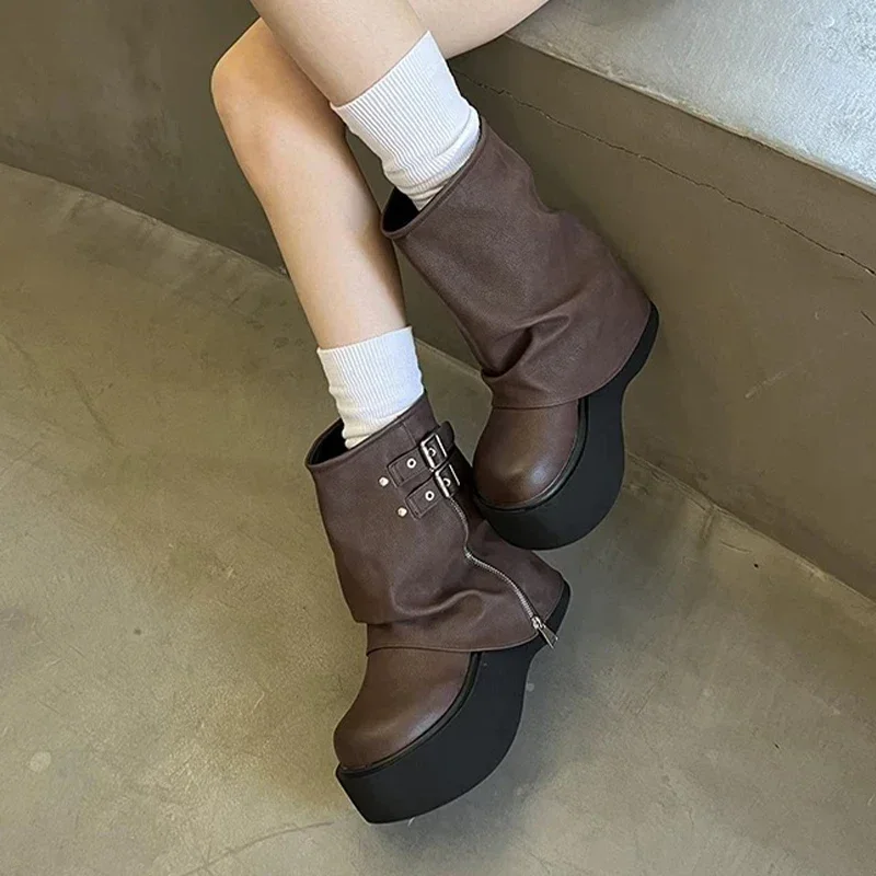 Platform Women Mid Calf Chelsea Boots High Heels Designer Shoes New Fashion Luxury Gladiator Femme Motorcycle Boots