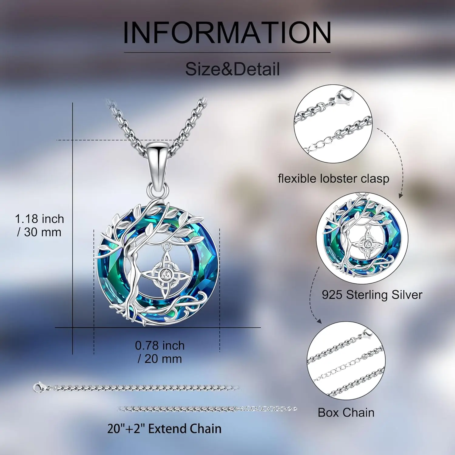 Tree of Life Witch Knot Necklace 925 Sterling Silver Tree of Life Crystal Circle Necklace Jewelry Gifts for Women Men Birthday