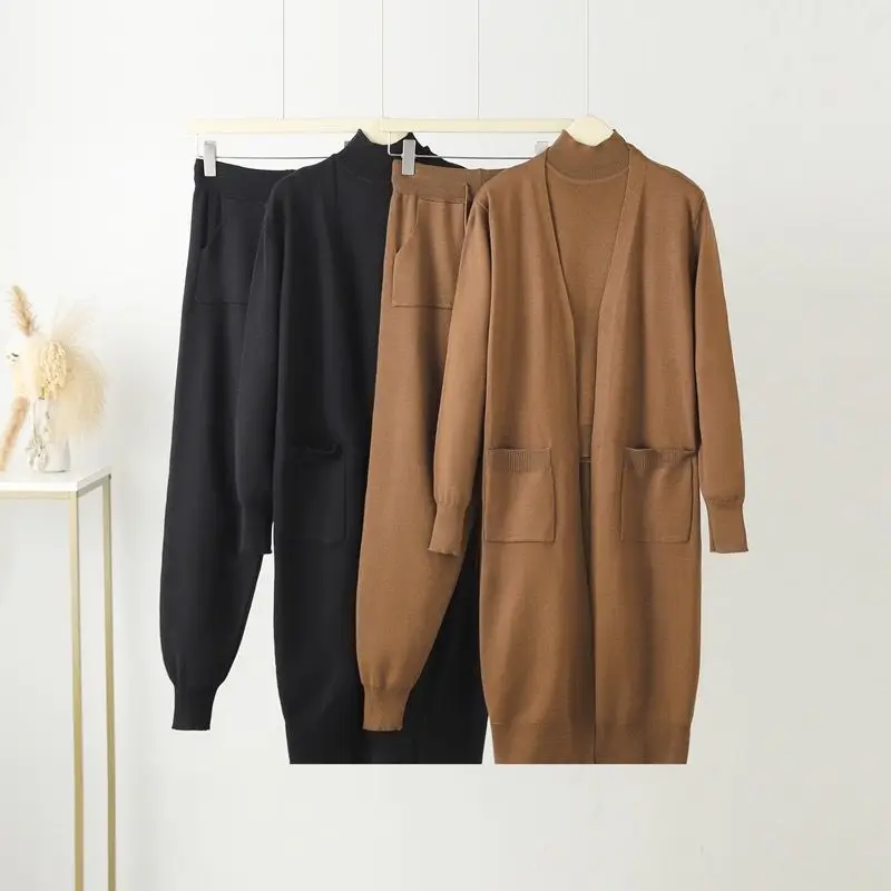 Knitted Three Piece Suit Women's Spricng Autumn Long Shawl Lazy Sweater Coat Half High Collar Tank Top Closed Leg Trouser Set