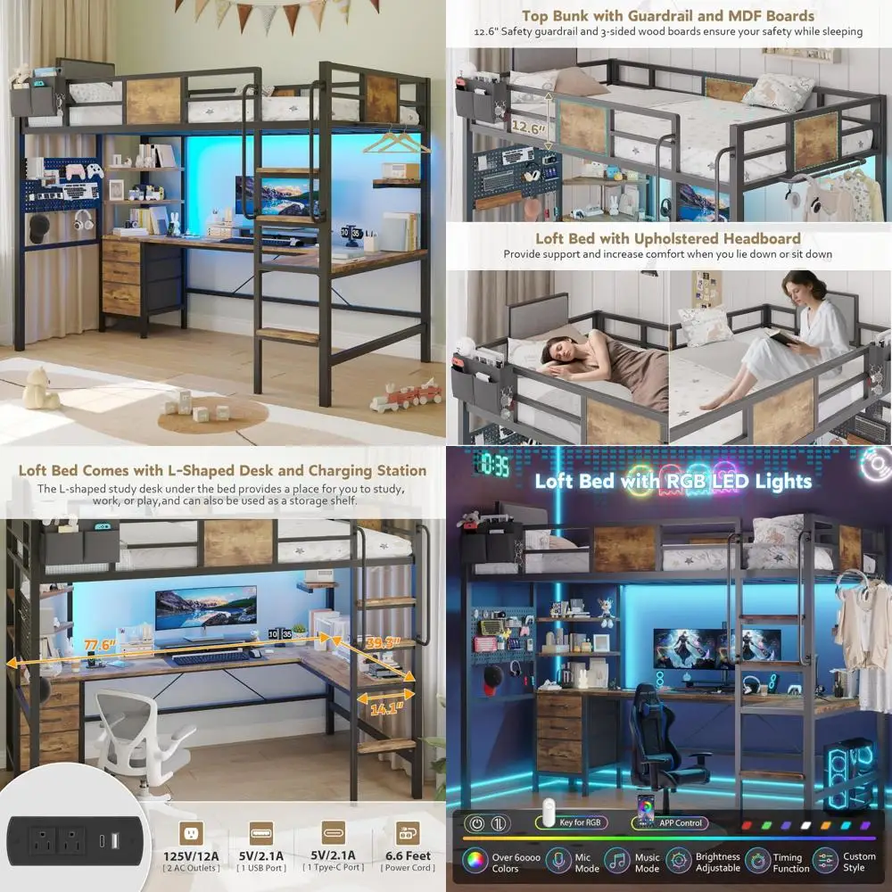 Double Decker Bed with L-Shaped Desk, 3 Fabric Drawers, and Bunk Bed with Desk, Charging Station, LED Lights