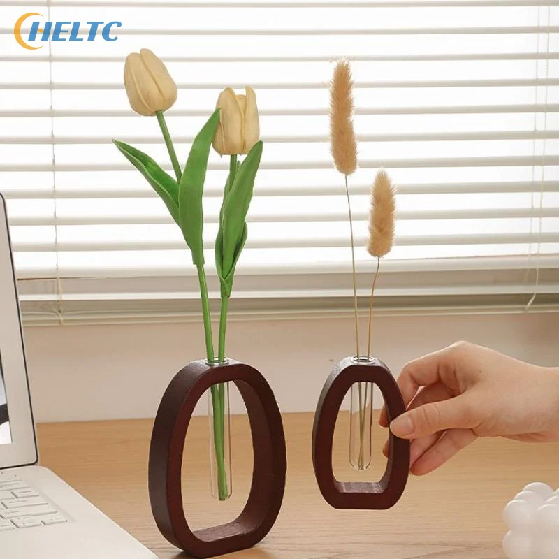 1 Set Vase Hydroponic Test Tube Shape With Wooden Stand Clear Flower Plants Vase Table Propagation Vase Home Desktop Decoration
