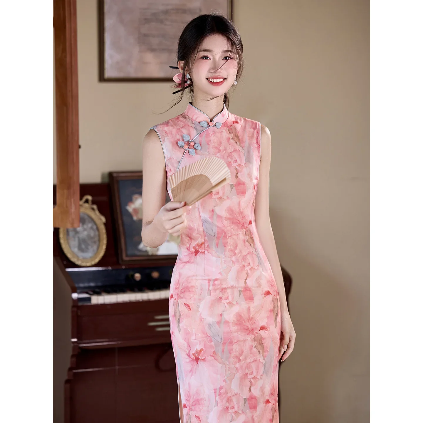 

Cheongsam без рукавов с цветочным принтом, элегантное улучшенное женское длинное платье Ципао, новое платье в китайском стиле, традиционное платье ханьфу, Vestidos
