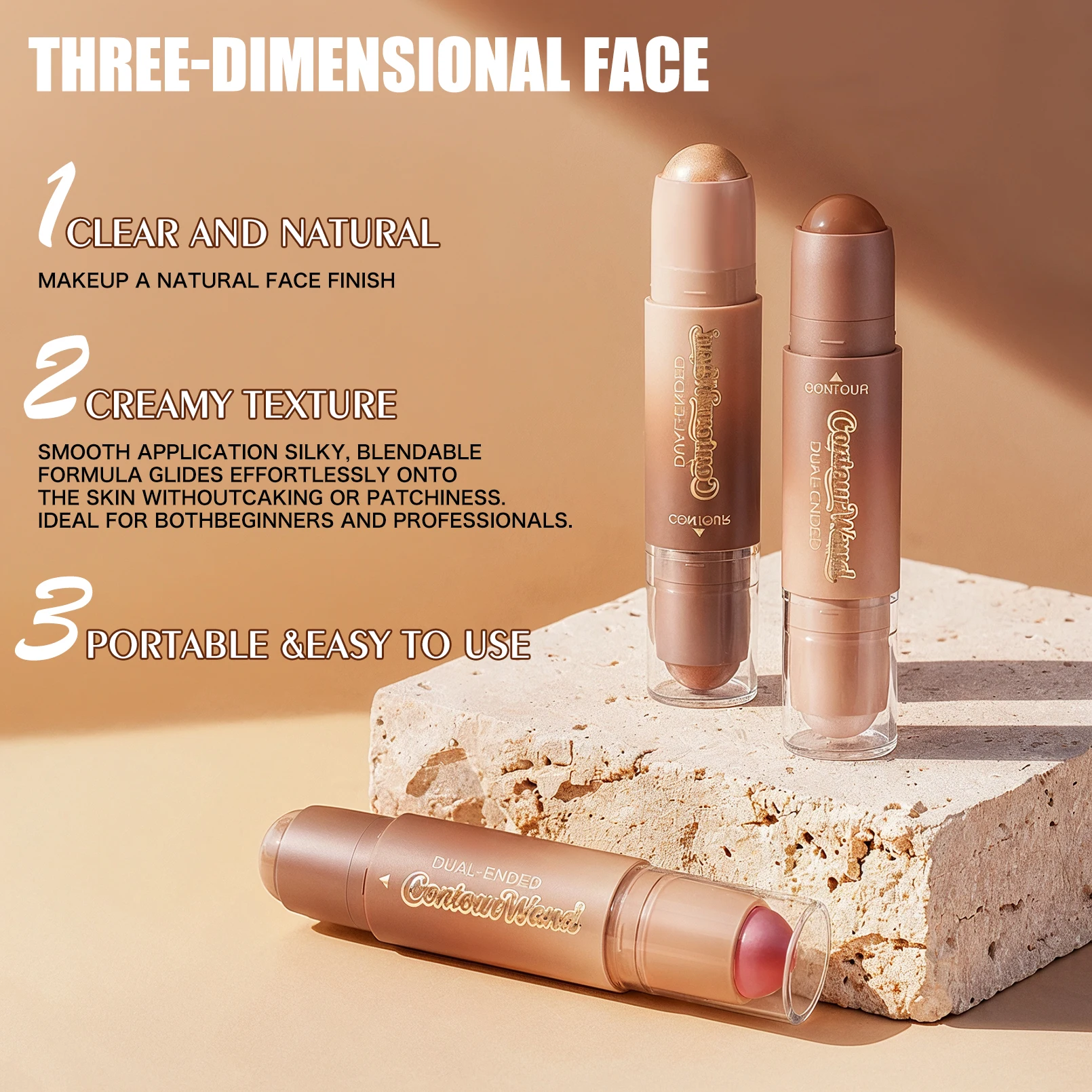 Dual‑Ended Highlighter & Contour Blush Stick, Shimmer Waterproof, 3D Stereo Nose Shadow, Face Shaping Brightening Facial Makeup