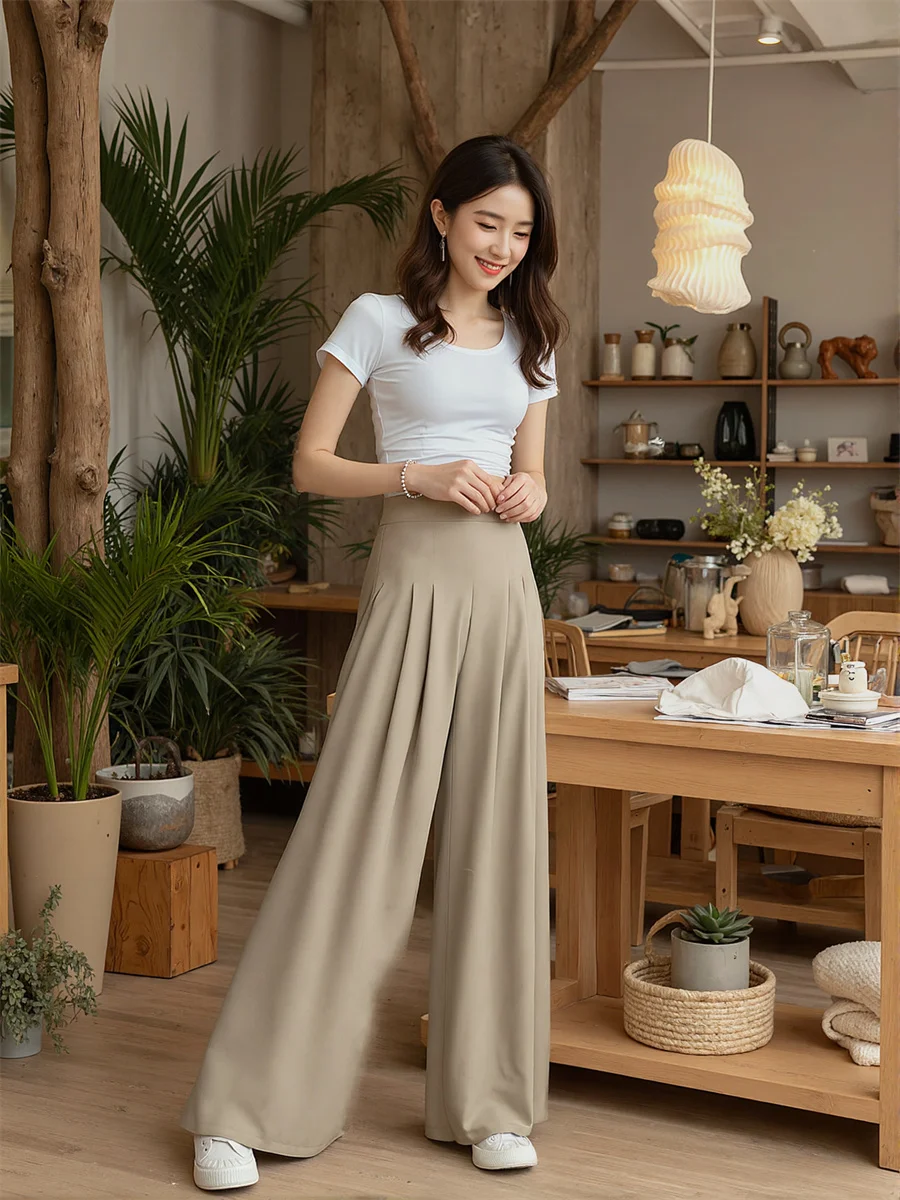 Pants Oversize Woman Apricot Khaki Pink Smooth Fabric Women Sleek Look Elegant Office Lady Work Business Formal High Waist