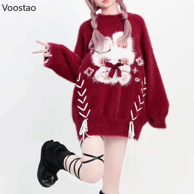 Red Kawaii Lolita Knitted Sweater Women Sweet Cartoon Bunny Christmas Pullover Autumn Winter Female Vintage Warm Jumpers Tops