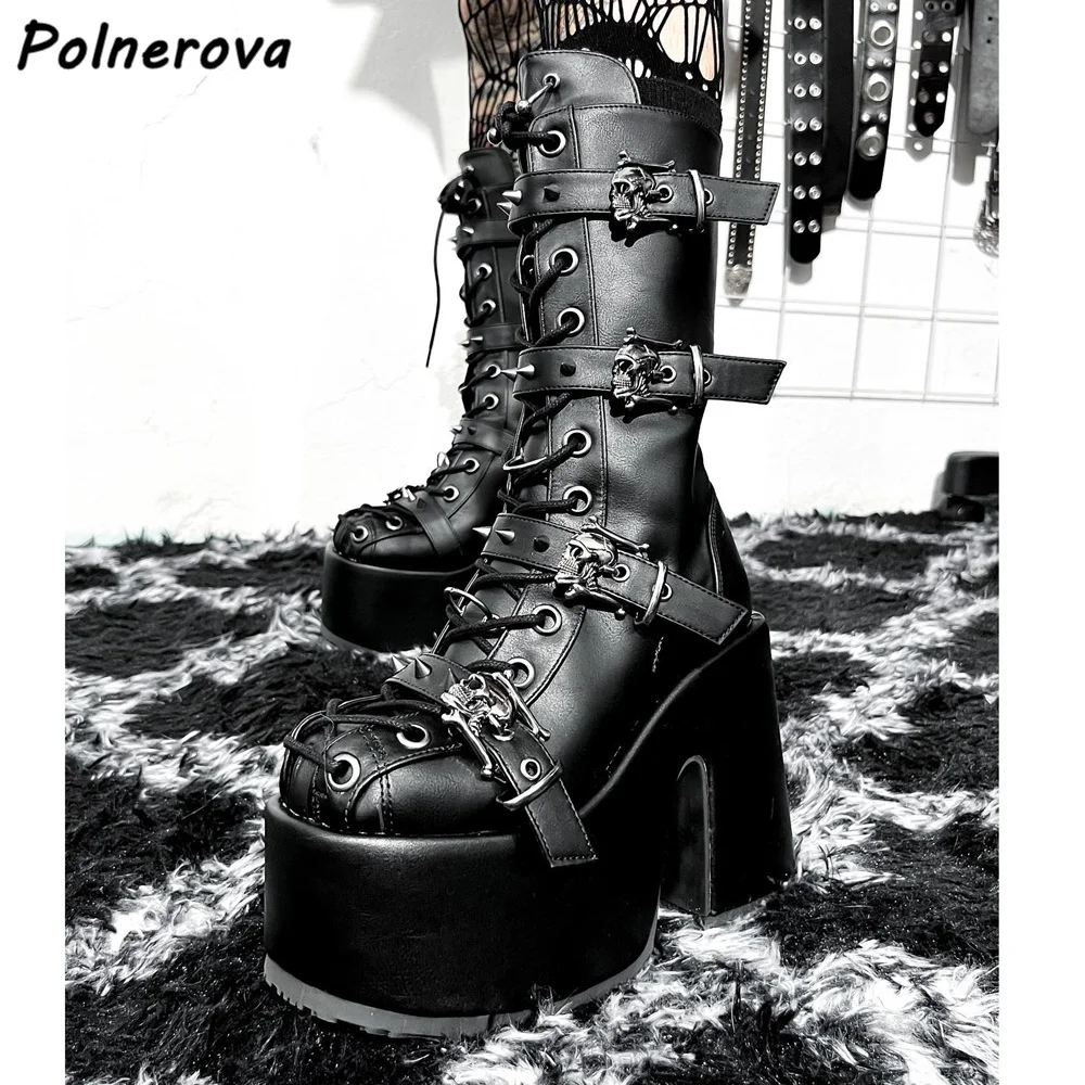 

Black Multi Buckle Ankle Boots Dark Punk Platform Chunky Heels Zipper Solid Fashion Shoes Cross Tied Lace Up Women's Short Boots