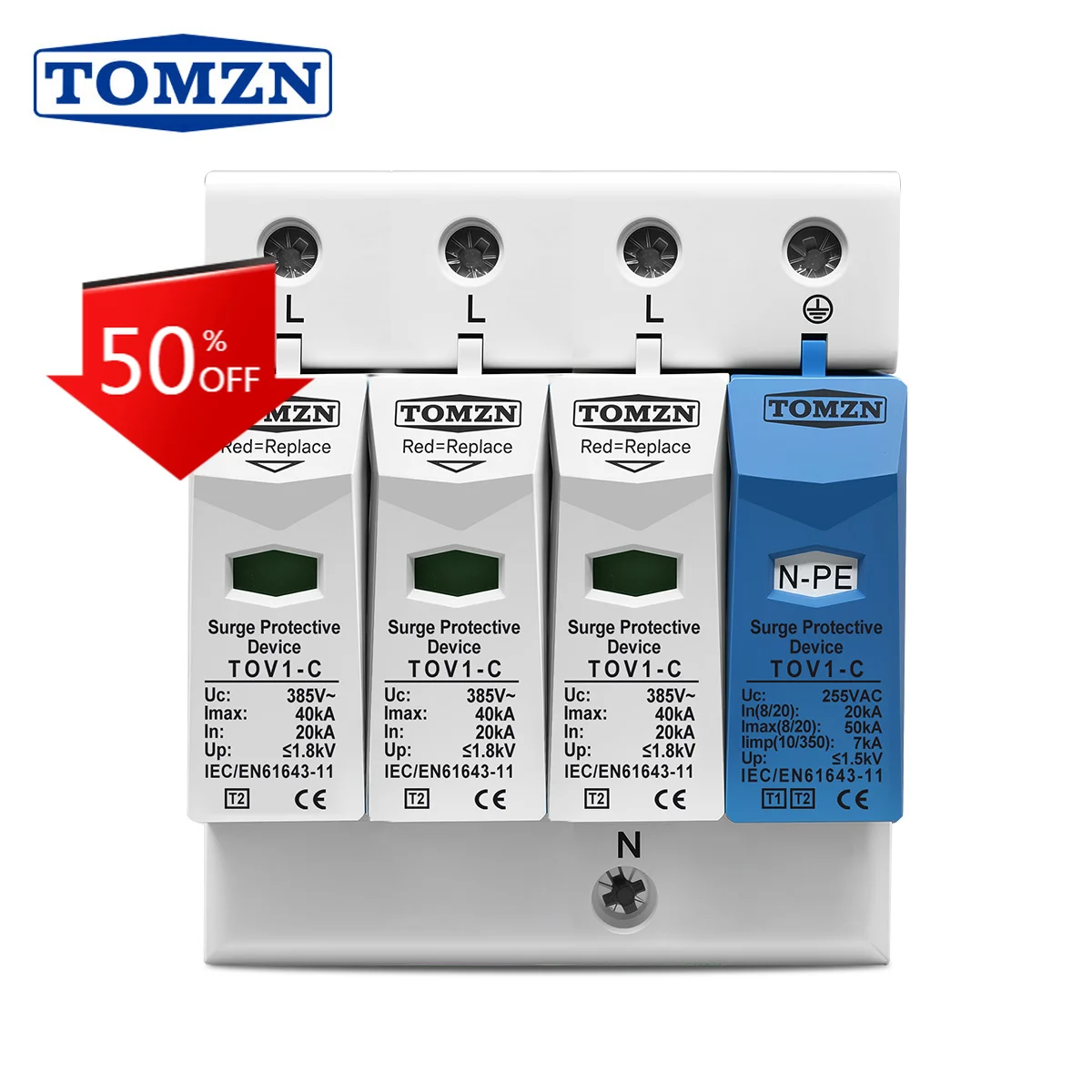TOMZN 3 Phase Surge Protector AC SPD 3P+NPE 20kA 50kA T2 275V/385V 255V Low-Voltage Protective Arrester Device TN-S/TN-C-S